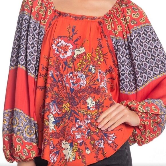 Free People Positano Cherry Combo Printed Flowy Off Shoulder Peasant Blouse - Picture 3 of 16